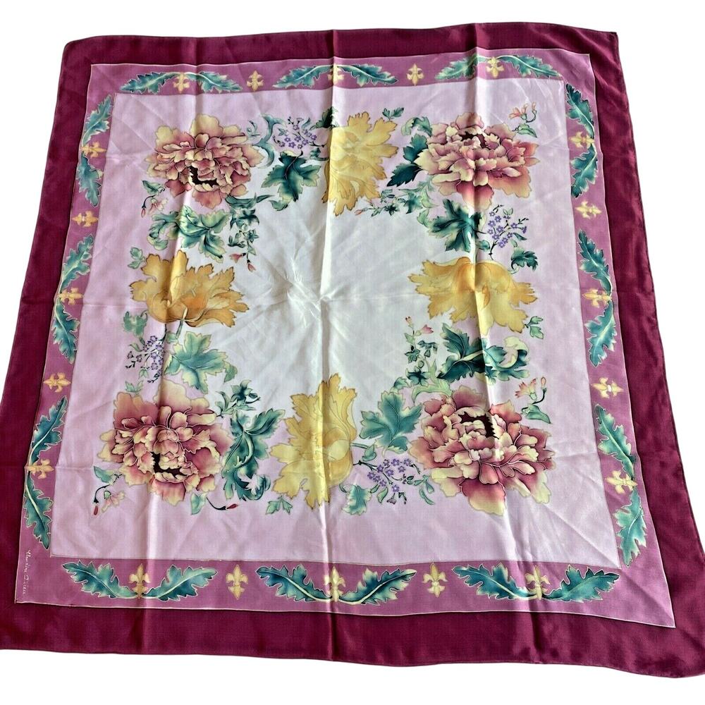 Claudine Dieu hand painted silk scarf 34” square Asian florals pink red yellow